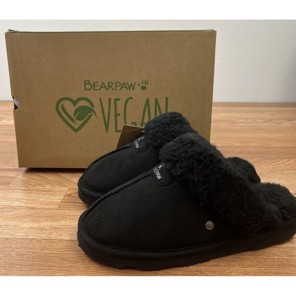 Bearpaw Loki Vegan Women's Slippers Black Size 7 Slides Faux Fur NEW